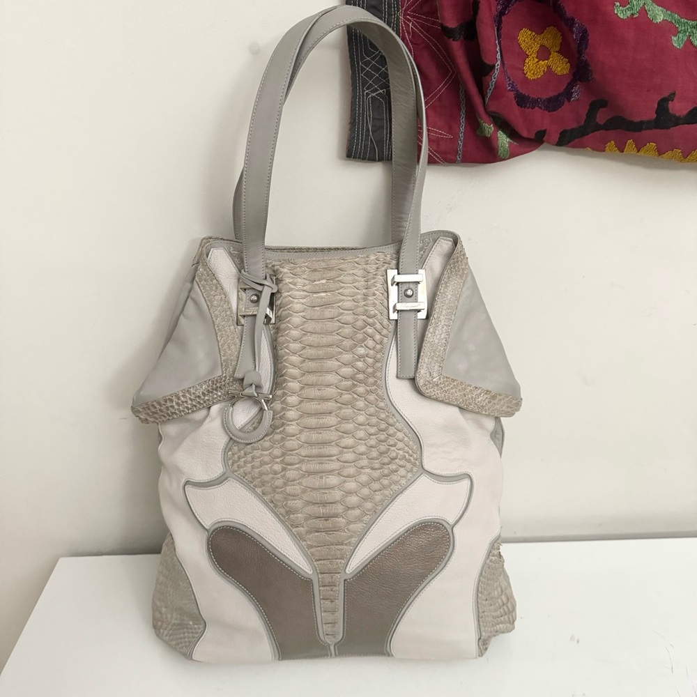 Salvatore Ferragamo Gray Leather Shoulder Bag with Python and Metallic Leather